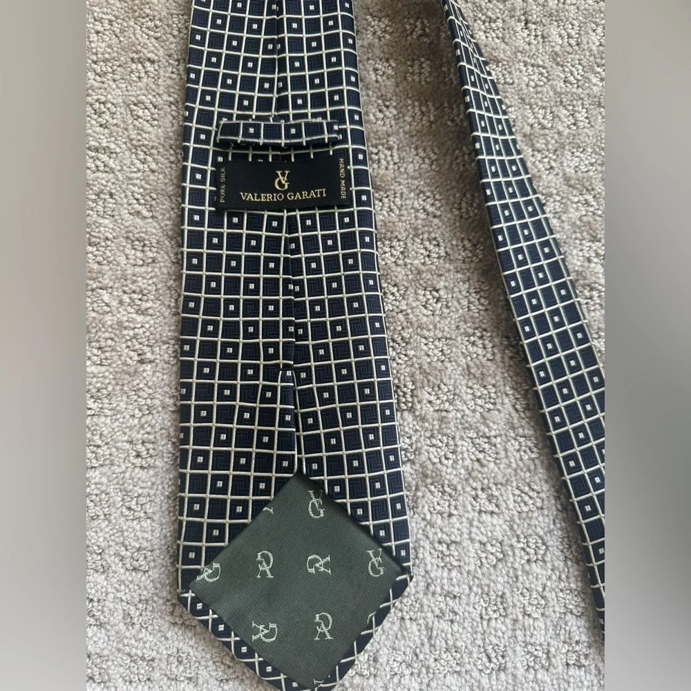 Valerio Garati Pure Silk Tie Navy Ivory Grid Hand Made